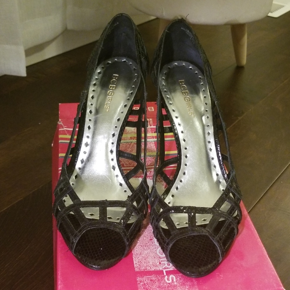 BCBGirls Black Python Peeptoe Heels, Size 8.5 M
